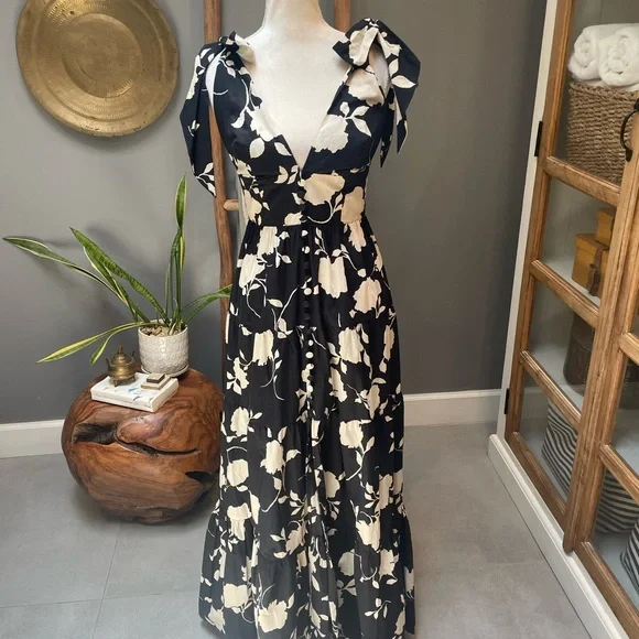knee length dresses for ladies Baltic Born Womens Aita Maxi Dress | Black + Ivory Floral main image 0